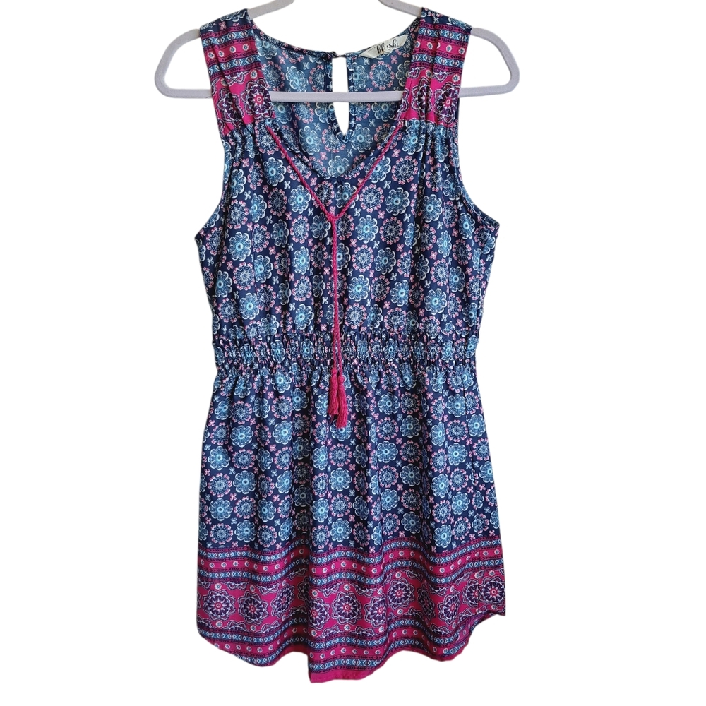 Blush Vibrant Blue and Pink Graphic Pattern Milkmaid Mini Dress Size Large